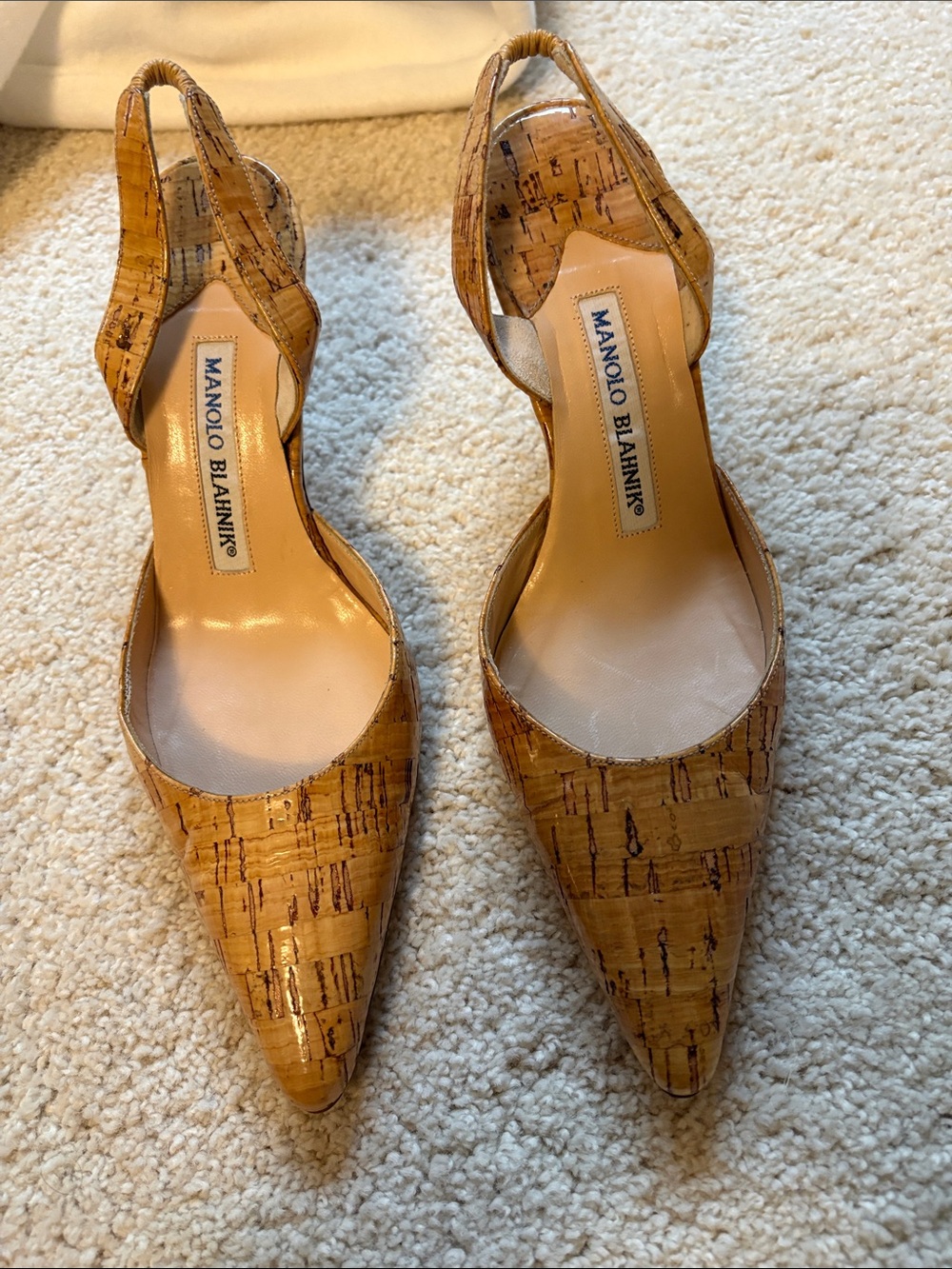 Manolo Blahnik Cork-Textured Slingback Pumps in Tan